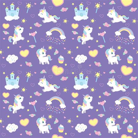 Cute Little Baby Unicorns On Purple Background Seamless Pattern Flat