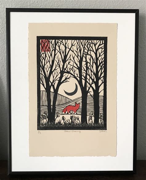 Fox Forest Clearing Lino Print Fox Wall Art Artist Signed By Gina Stark