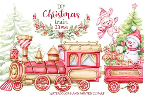 Christmas Train watercolor clipart, Christmas tree, snowman