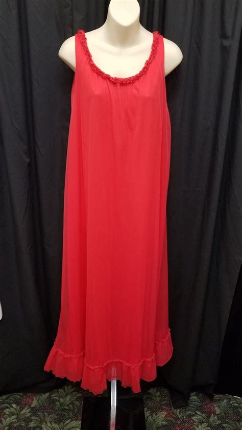 Vintage S French Maid Red Sheer Overlay Nylon Slip Nightgown Lingerie Long Nightie Etsy