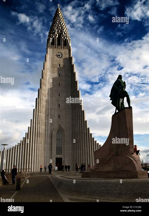 Statue Of Explorer Leif Ericson In Front Of The Hallgrímskirkja