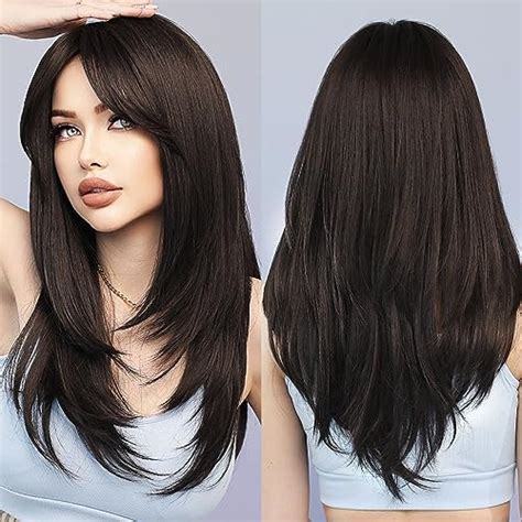 7jhh Wigs Long Wavy Wig Honey Natural Black Layered Wig With Curtain Bangs