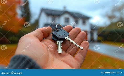 Hand Holding Keys In Front Of New House Stock Illustration