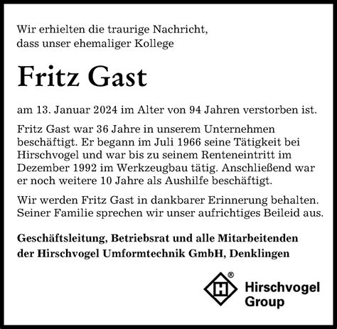 Traueranzeigen Von Fritz Gast Allg Uer Zeitung