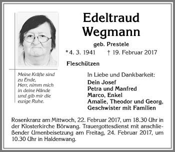 Traueranzeigen von Edeltraud Wegmann Allgäuer Zeitung