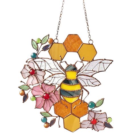 BXIRSM Handcrafted Stained Glass Bumble Bee Suncatcher with Flower and