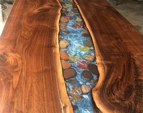 Walnut Live Edge River Table With Stone Etsy Live Edge Coffee Table Resin Table Etsy Designs