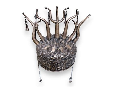 A Vintage Miao Silvered Metal Domed Circular Crown Decorated With