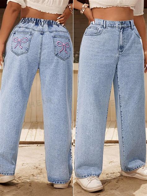 Shein Vcay Plus Size Vacation And Casual Embroidered Bowknot Straight