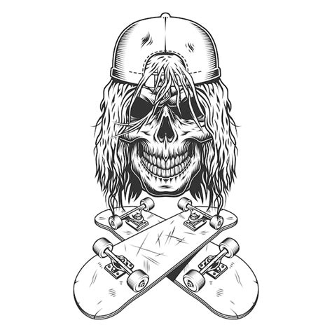 Cráneo de skater monocromo vintage en gorra Vector Gratis