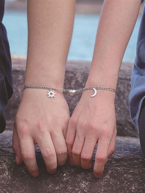 Stainless Steel Sun And Moon Bracelet With Heart Magnets Couples