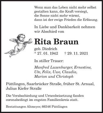 Traueranzeigen Von Rita Braun Saarbruecker Zeitung Trauer De