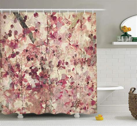 Pink Shower Curtain Grungy Effect Cherry Blossoms On Ribbed Bamboo