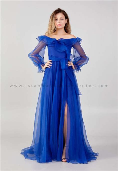 Favella Off Shoulder Maxi Tulle Column Regular Blue Prom Dress Fvl Sak