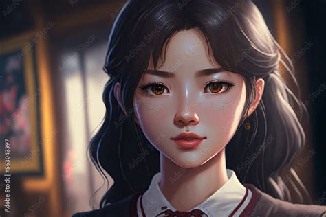 Illustration of a chinese anime schoolgirl with brown eyes and black ...