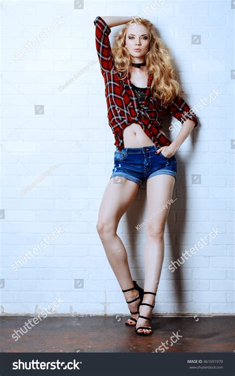 Sexual Blonde Girl Jeans Shorts Checkered Stock Photo 461691970 Shutterstock