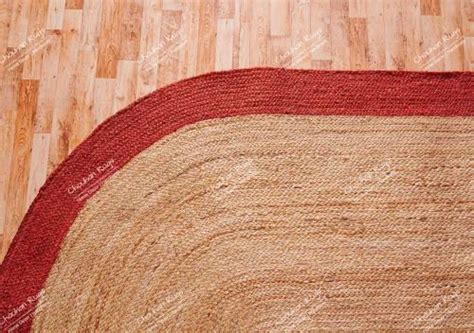 Abstract Indian Hand Braided Beige Oval Jute Rug With Red Border At Rs