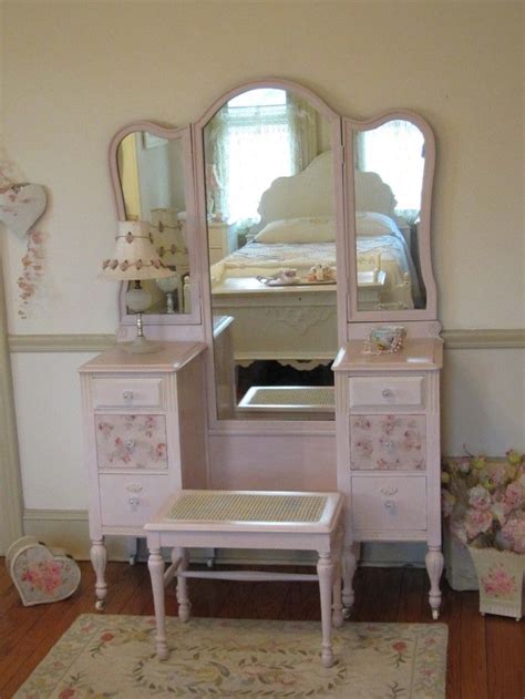 Beautiful Pink Antique Vanity With Tri Fold Mirror And Cane Bench Diy