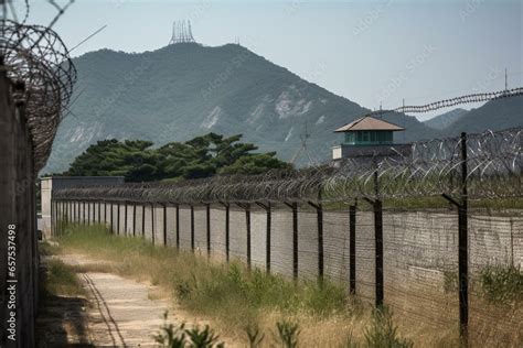 Fences, barbed wire, military tower on North Korea-South Korea border ...