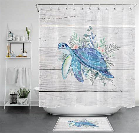 Oceanic Elegance Sea Turtle Shower Curtain With Green Leaves On Rustic