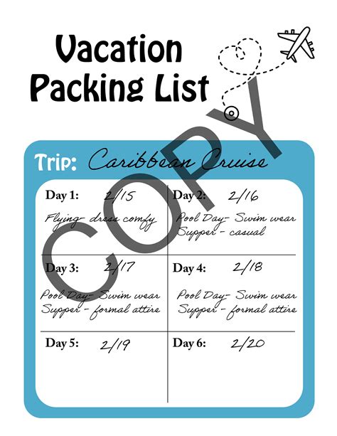 Printable Vacation Packing List - Etsy