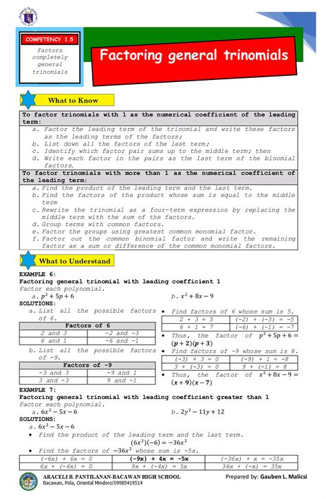 Factoring general trinomials | PDF