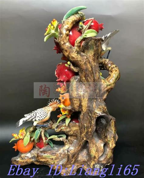 Old China Wucai Porzellan Granatapfel Blume Baum Vogel Tier Statue