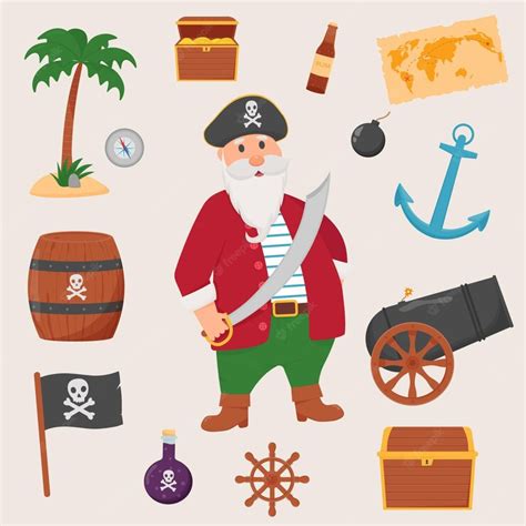 Premium Vector Bundle Pirate Set Bundle Pirate Treasure Map Rum Ship Wheel Anchor Barrel Bomb