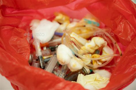 Used medical and dressing clinical and hospital equipment like syringe ...