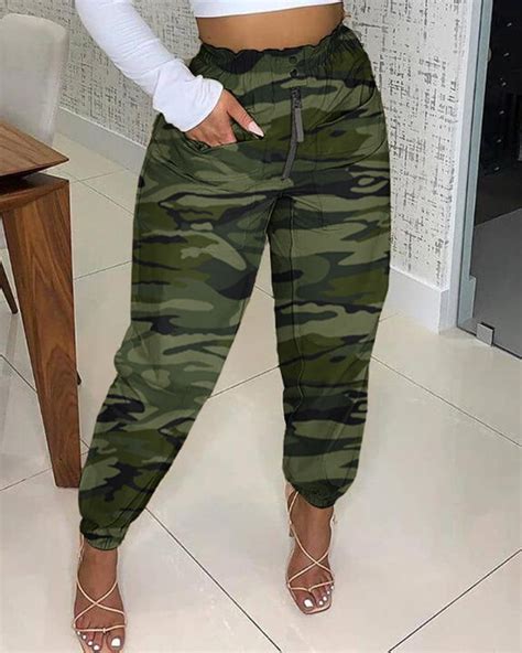 Camo Print Zip Detail High Waist Cuffed Cargo Pants