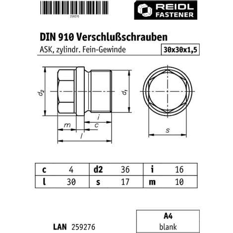 Reidl DIN 910 Verschlussschrauben mit Außensechskant zylindrisches