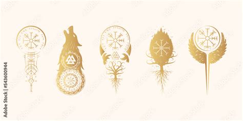 Viking symbols isolated set. Golden collection of celtic signs vegvisir ...