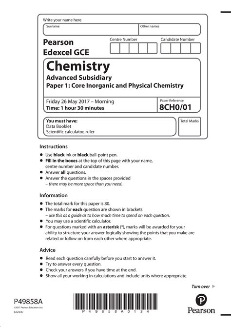 June 2017 QP Paper 1 Edexcel Chemistry AS Level Centre Number