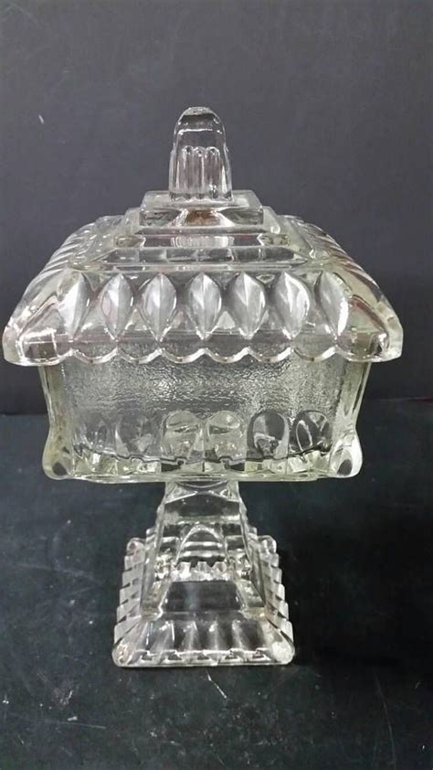 Vintage Clear Glass Pedestal Candy Dish Lidded Square Etsy Vintage