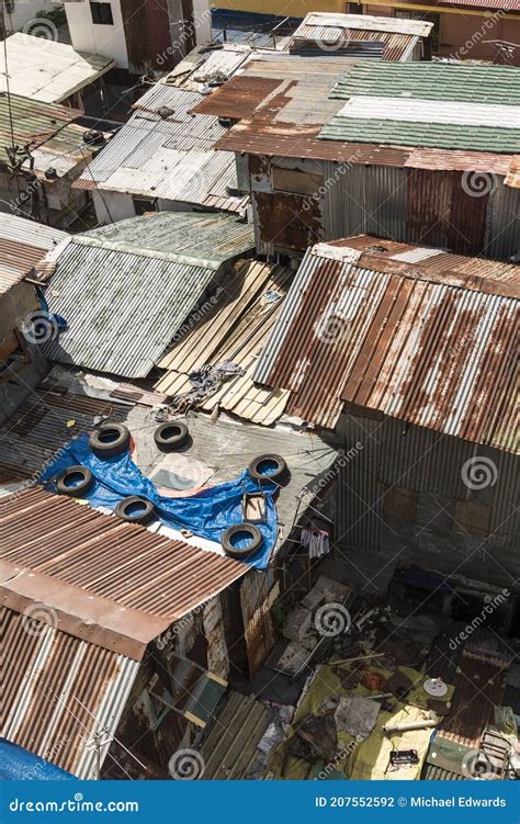 Closeup Above View Of Rusty Sheet Metal Roofing Of Slum Houses Of A