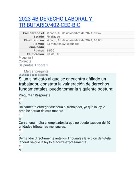 Examen B Derecho Laboral Y Tributario Ced Bic Comenzado El