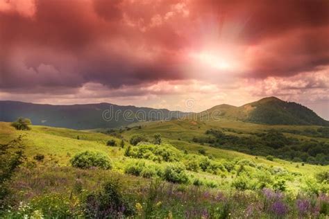 Bright Stunning Beautiful Sunset in Valley Stock Image - Image of ...