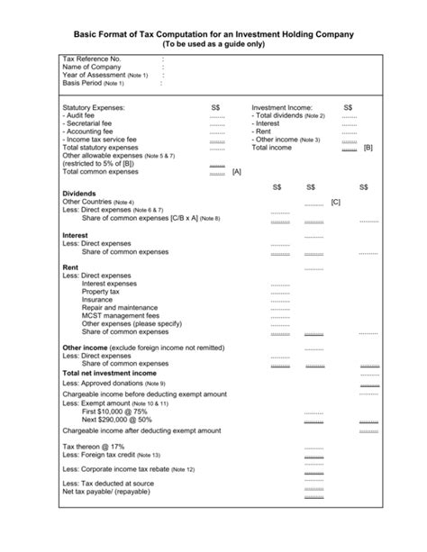 Basic Format Of Tax Computation For An Investment Holding Company