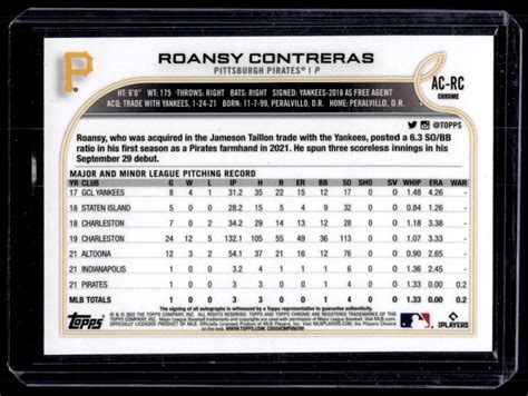 2022 Topps Chrome Update Autographs Roansy Contreras RC Auto Pittsburgh