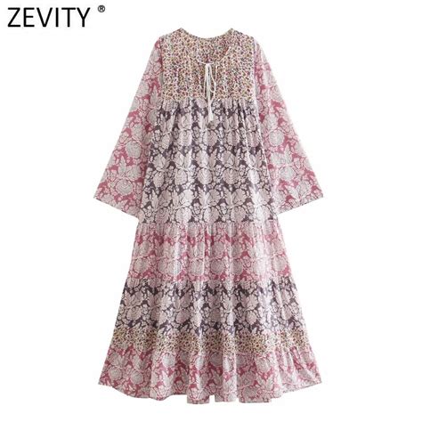 Zevity Mulheres Vintage Floral Impress O Retalhos Casual Solto