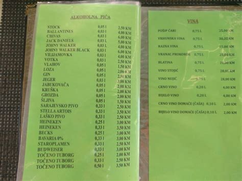 Menu at Arči restaurant Sarajevo