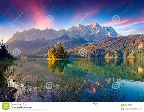 Colorful Summer Sunrise On The Eibsee Lake Stock Photo Image Of