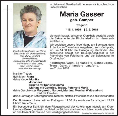 Traueranzeigen Von Maria Gasser Trauer Bz