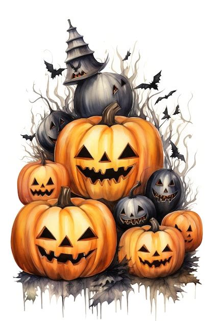 Premium Ai Image Halloween Detailed Pumpkins And Ghosts Bats White Background Pro Vector