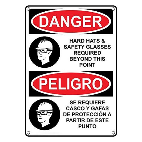 Weatherproof Plastic Vertical Osha Danger Hard Hats Safety Glasses Required Bilingual Sign With