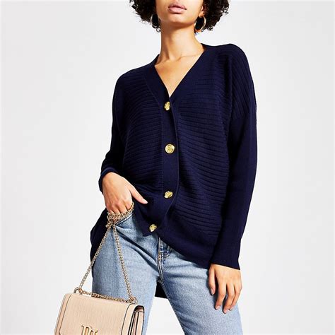 Navy Button Front Ribbed Knit Cardigan River Island Rib Knit Cardigan Knit Cardigan