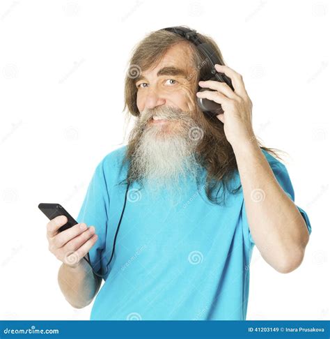 Senior Man Listening Music In Phone Headphones Old Man Beard Stock