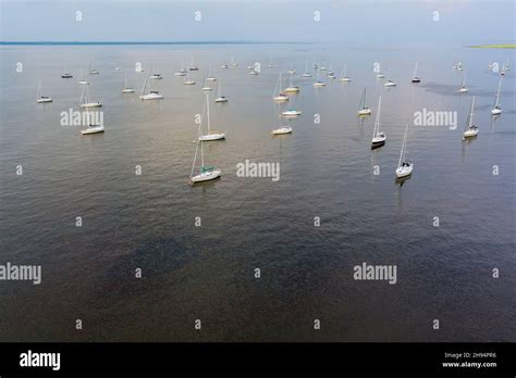 Aerial Top View Of Sailboat Harbor Many Beautiful Yachts In The Sea