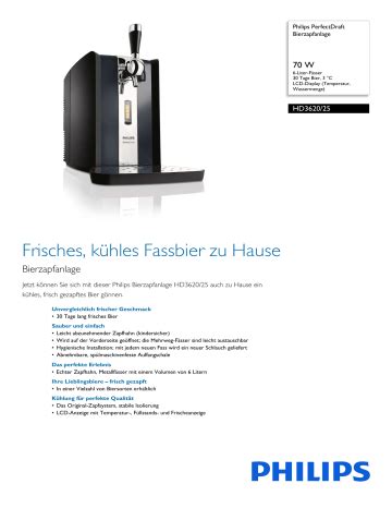 Philips HD3620 25 PerfectDraft Bierzapfanlage Produktdatenblatt Manualzz