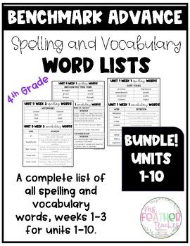 Benchmark Advance Vocabulary Spelling Word Lists BUNDLE 4th Grade